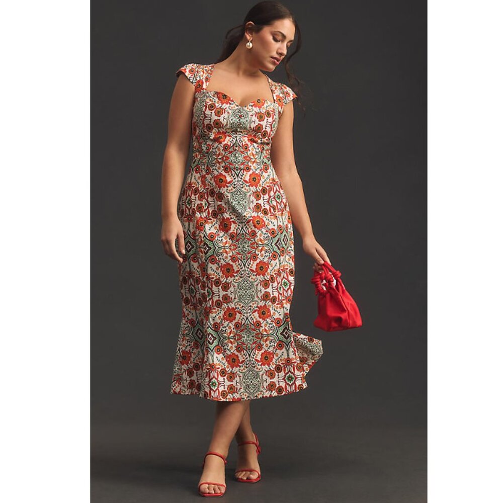 Anthropologie Cecily Fit & Flare Sweetheart Midi Dress Orange Motif Floral L